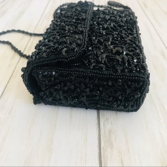 Black Sequined & Beaded Handbag with Long Beaded Strap - Picture 5 of 11